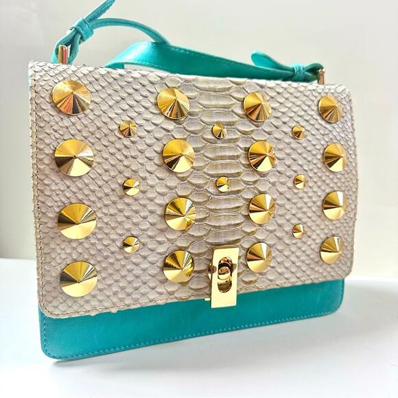Be&D Turquoise Studded Gold  Hardware Textured Snakeskin Shoulder Handbag - Picture 1 of 15